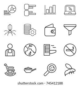thin line icon set : diagram, graph, notebook, virus, virtual mining, wallet, funnel, workman, earth, hotel, no smoking, rocking chair, pan, viruses, wasp