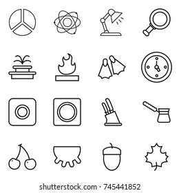 thin line icon set : diagram, atom, table lamp, magnifier, fountain, flammable, flippers, watch, ring button, knife holder, turk, cherry, udder, acorn, maple leaf