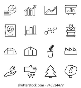 thin line icon set : diagram, statistics, presentation, annual report, graph, flower, greenhouse, seedling, hand leaf, sow, spruce, garden