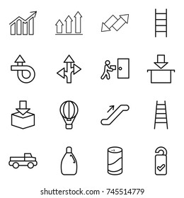 thin line icon set : diagram, graph up, down arrow, stairs, trip, route, courier delivery, package, air ballon, escalator, pickup, cleanser, powder, please clean