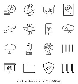 thin line icon set : diagram, circle, presentation, annual report, graph, chip, phone wireless, cloude service, cloud, crystall memory, antenna, bar code, documents, protected