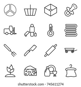 thin line icon set : diagram, basket, box, nipple, fork loader, passenger, thermometer, towels, big, chef knife, rolling pin, trailer, sprouting, cheese, dish cleanser, hanger