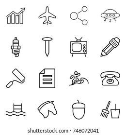 thin line icon set : diagram, plane, molecule, ufo, spark plug, nail, tv, pencil, repair, document, surfer, phone, pool, horse, acorn, bucket and broom