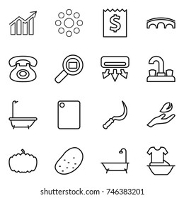 thin line icon set : diagram, round around, receipt, bridge, phone, cargo search, air conditioning, water tap, bath, cutting board, sickle, hand leaf, pumpkin, potato, handle washing