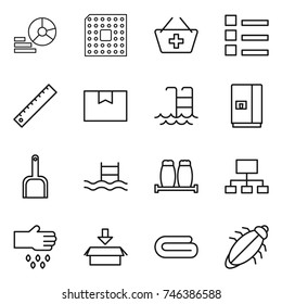 thin line icon set : diagram, cpu, add to basket, list, ruler, package box, pool, fridge, scoop, salt pepper, hierarchy, sow, towel, bug