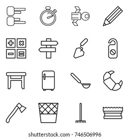 thin line icon set : diagram, stopwatch, satellite, pencil, calculator, singlepost, construction, do not distrub, stool, fridge, ladle, croissant, axe, trash bin, rake, sponge