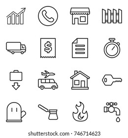 thin line icon set : diagram, phone, shop, fence, shipping, tax, document, stopwatch, baggage get, transfer, home, key, cook glove, turk, fire, water tap