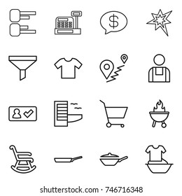 thin line icon set : diagram, cashbox, money message, bang, funnel, t shirt, route, workman, check in, hotel, cart, bbq, rocking chair, pan, handle washing
