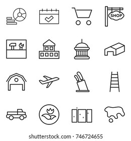 thin line icon set : diagram, calendar, cart, shop signboard, tools, cottage, goverment house, warehouse, barn, plane, stands for knives, stairs, pickup, ecology, clean window, spot