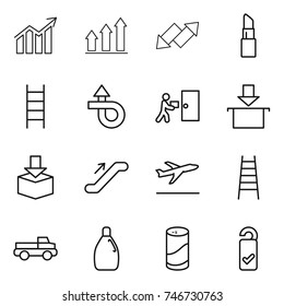thin line icon set : diagram, graph up, down arrow, lipstick, stairs, trip, courier delivery, package, escalator, departure, pickup, cleanser, powder, please clean
