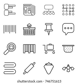 thin line icon set : diagram, newspaper, structure, chip, bar code, university, pin, sms, cargo search, baggage trolley, colander, towel, rolling, berry, hard reach place cleaning