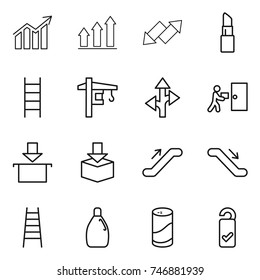 thin line icon set : diagram, graph up, down arrow, lipstick, stairs, tower crane, route, courier delivery, package, escalator, cleanser, powder, please clean