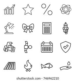 thin line icon set : diagram, star, percent, atom, table lamp, bow, calculator, spark plug, modern architecture, satellite, calendar, protected, field, fire, fish, hand and drop