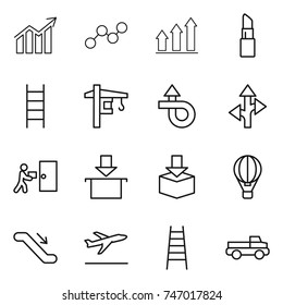 thin line icon set : diagram, graph, up, lipstick, stairs, tower crane, trip, route, courier delivery, package, air ballon, escalator, departure, pickup