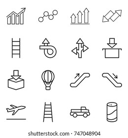 thin line icon set : diagram, graph, up, down arrow, stairs, trip, route, package, air ballon, escalator, departure, pickup, cleanser powder