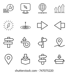 thin line icon set : diagram, monitor arrow, globe connect, graph up, lightning, target, right, left, singlepost, trip, signpost, geo pin, package