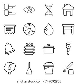 thin line icon set : diagram, eye, dna, home, atm receipt, earth, drop, stool, bell, plate washing, pan, handle scales, garden, broom, foam bucket, toilet brush