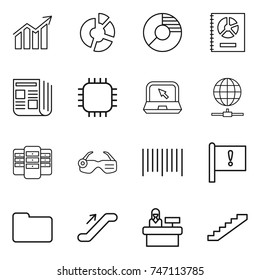 thin line icon set : diagram, circle, annual report, newspaper, chip, notebook, globe connect, server, smart glasses, bar code, important flag, documents, escalator, reception, stairs
