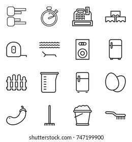 thin line icon set : diagram, stopwatch, cashbox, block wall, measuring tape, lounger, speaker, fridge, fence, cup, eggs, eggplant, rake, foam bucket, brush