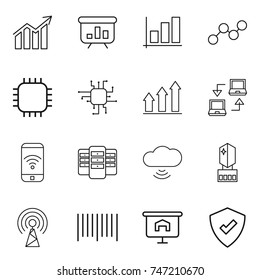 thin line icon set : diagram, presentation, graph, chip, up, notebook connect, phone wireless, server, cloud, crystall memory, antenna, bar code, protected