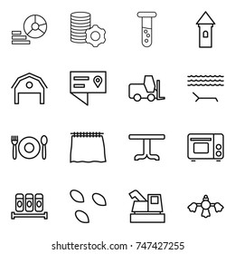 thin line icon set : diagram, virtual mining, vial, tower, barn, location details, fork loader, lounger, cafe, curtain, table, grill oven, spices, seeds, harvester, hard reach place cleaning