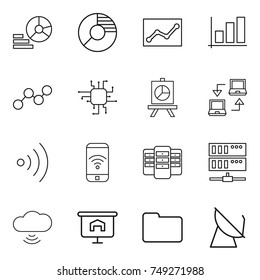 thin line icon set : diagram, circle, statistics, graph, chip, presentation, notebook connect, wireless, phone, server, cloud, documents, satellite antenna
