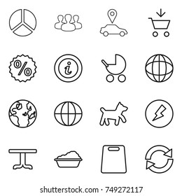 thin line icon set : diagram, group, car pointer, add to cart, percent, info, baby stroller, globe, dog, electricity, table, washing, cutting board, reload