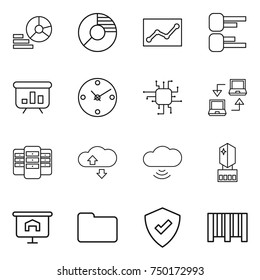 thin line icon set : diagram, circle, statistics, presentation, clock, chip, notebook connect, server, cloude service, cloud wireless, crystall memory, documents, protected, bar code
