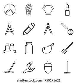 thin line icon set : diagram, bulb, hex molecule, lipstick, draw compass, pencil, drawing compasses, skimmer, salt pepper, bank, chicken leg, fork, rake, harvest, acorn
