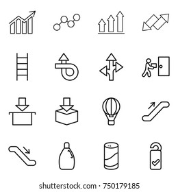 thin line icon set : diagram, graph, up, down arrow, stairs, trip, route, courier delivery, package, air ballon, escalator, cleanser, powder, please clean