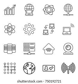 thin line icon set : diagram, notebook globe, atom, connect, round around, wireless, server, home, web cam, chip, check in