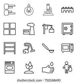 thin line icon set : diagram, rocket, microscope, bridge, window, factory, loading, safe, rack, vacuum cleaner, ladle, microwave oven, sprouting, hand drop, trash