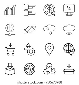 thin line icon set : diagram, dollar arrow, monitor, globe connect, up down, cloude service, cloud wireless, add to cart, trip, geo pin, delivery, package, compass, recycling