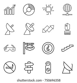 thin line icon set : diagram, circle, chip, globe connect, satellite antenna, up down arrow, crystall memory, smart glasses, shop signboard, info, stairs, no smoking, signpost, do not distrub
