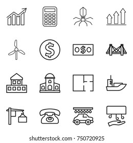 thin line icon set : diagram, calculator, virus, graph up, windmill, dollar coin, money, bridge, cottage, mansion, plan, sea shipping, loading, phone, car wash, hand dryer