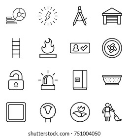 thin line icon set : diagram, lightning, draw compass, garage, stairs, flammable, check in, cooler fan, unlocked, alarm, fridge, colander, cutting board, sheep, ecology, brooming