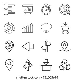 thin line icon set : diagram, presentation, stopwatch, dollar arrow, around gear, graph up, cloud wireless, add to cart, pin, left, signpost, geo, route, package, recycling