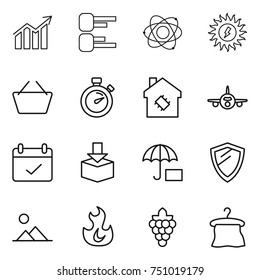 thin line icon set : diagram, atom, sun power, basket, stopwatch, smart house, plane, terms, package, insurance, shield, landscape, fire, grape, hanger