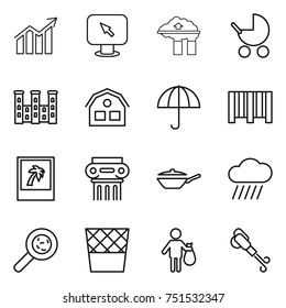 thin line icon set : diagram, monitor arrow, factory filter, baby stroller, palace, house, dry cargo, bar code, photo, antique column, pan, rain cloud, viruses, trash bin, blower