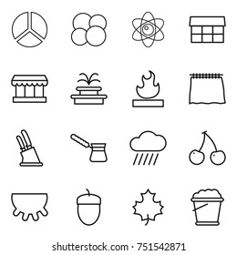 thin line icon set : diagram, atom core, market, fountain, flammable, curtain, knife holder, turk, rain cloud, cherry, udder, acorn, maple leaf, foam bucket