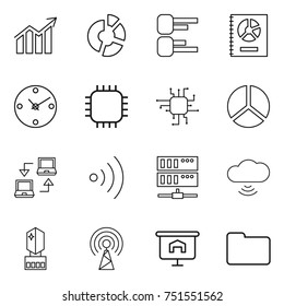 thin line icon set : diagram, circle, annual report, clock, chip, notebook connect, wireless, server, cloud, crystall memory, antenna, presentation, documents