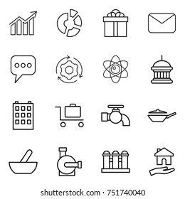 thin line icon set : diagram, circle, gift, mail, message, around gear, atom, goverment house, building, baggage trolley, water tap, pan, mortar, pump, grain elevator, housing