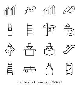 thin line icon set : diagram, graph, up, down arrow, lipstick, stairs, tower crane, trip, route, package, escalator, pickup, cleanser, powder