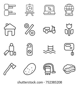 thin line icon set : diagram, presentation, notebook, globe, home, percent, scooter shipping, perishable, passenger, do not distrub, pool, mixer, axe, potato, vacuum cleaner, sponge with foam