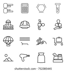 thin line icon set : diagram, calculator, hex molecule, vial, mansion, building helmet, satellite, client, parachute delivery, lounger, surfer, baggage trolley, landscape, hair dryer, flour