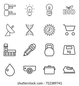 thin line icon set : diagram, bulb, bio, satellite antenna, dna, sun power, cart, mansion, pencil, heavy, drop, surveillance camera, pan, iron
