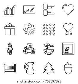 thin line icon set : diagram, statistics, heart, gift, round around, chip, cardio, spark plug, modern architecture, plane shipping, flower in window, crib, jug, spruce, acorn