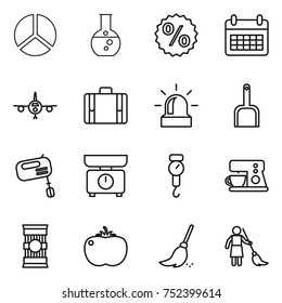thin line icon set : diagram, round flask, percent, calendar, plane, suitcase, alarm, scoop, mixer, kitchen scales, handle, coffee maker, pasta, tomato, broom, brooming