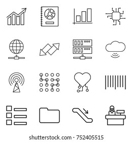 thin line icon set : diagram, annual report, graph, chip, globe connect, up down arrow, server, cloud wireless, antenna, cardio, bar code, list, documents, escalator, reception