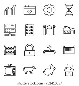 thin line icon set : diagram, calendar, gear, dna, server, building, minaret, house with garage, gothic architecture, lock, hanger, crib, tv, cow, rabbit, cleaning